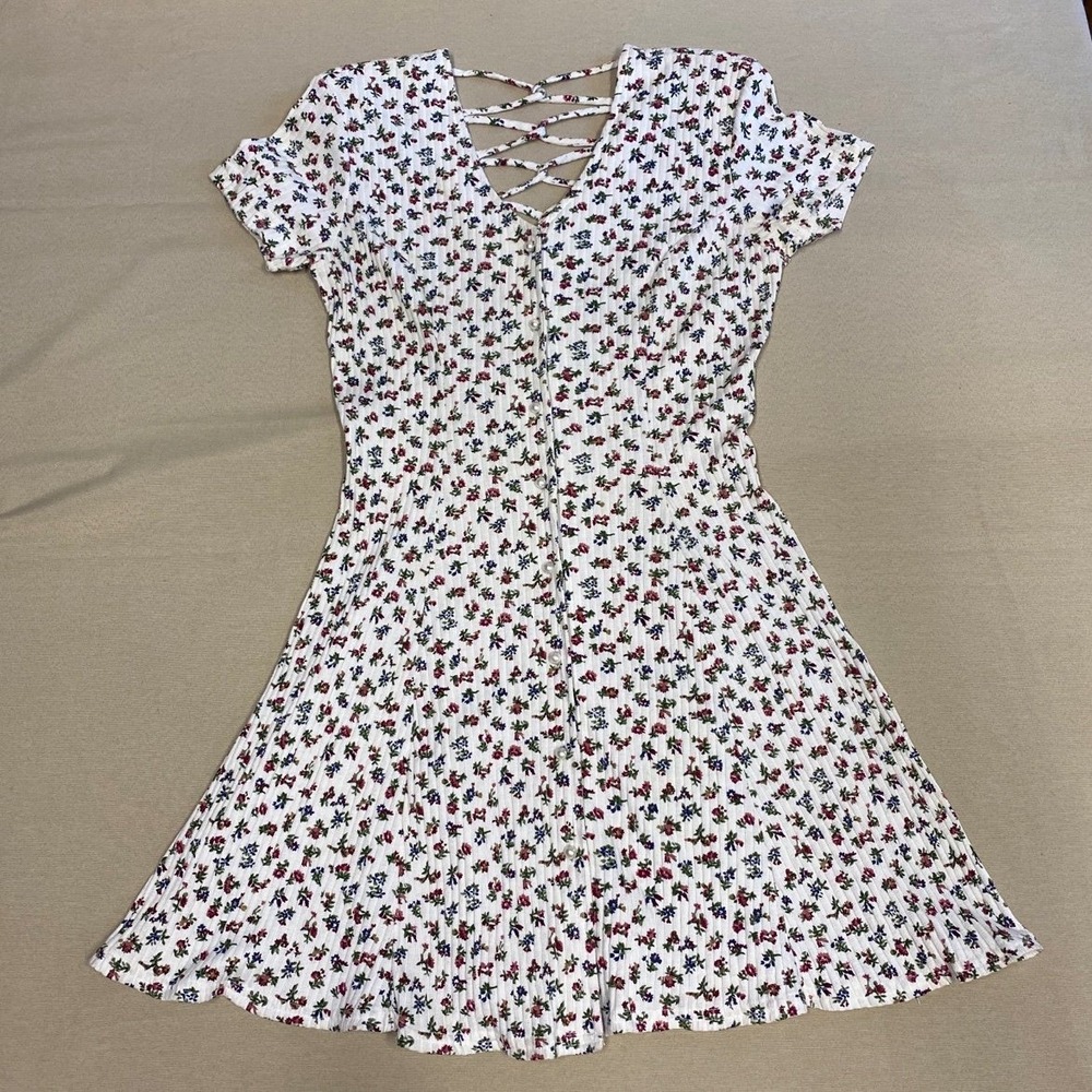 Jalate Vintage 90s Ditsy Floral Ribbed Mini Dress White Pearl Button Lace Up M